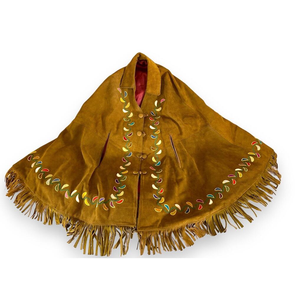 Vintage Leather Fringe Embroidered Cape Western Indian One Size Large - Picture 15 of 16